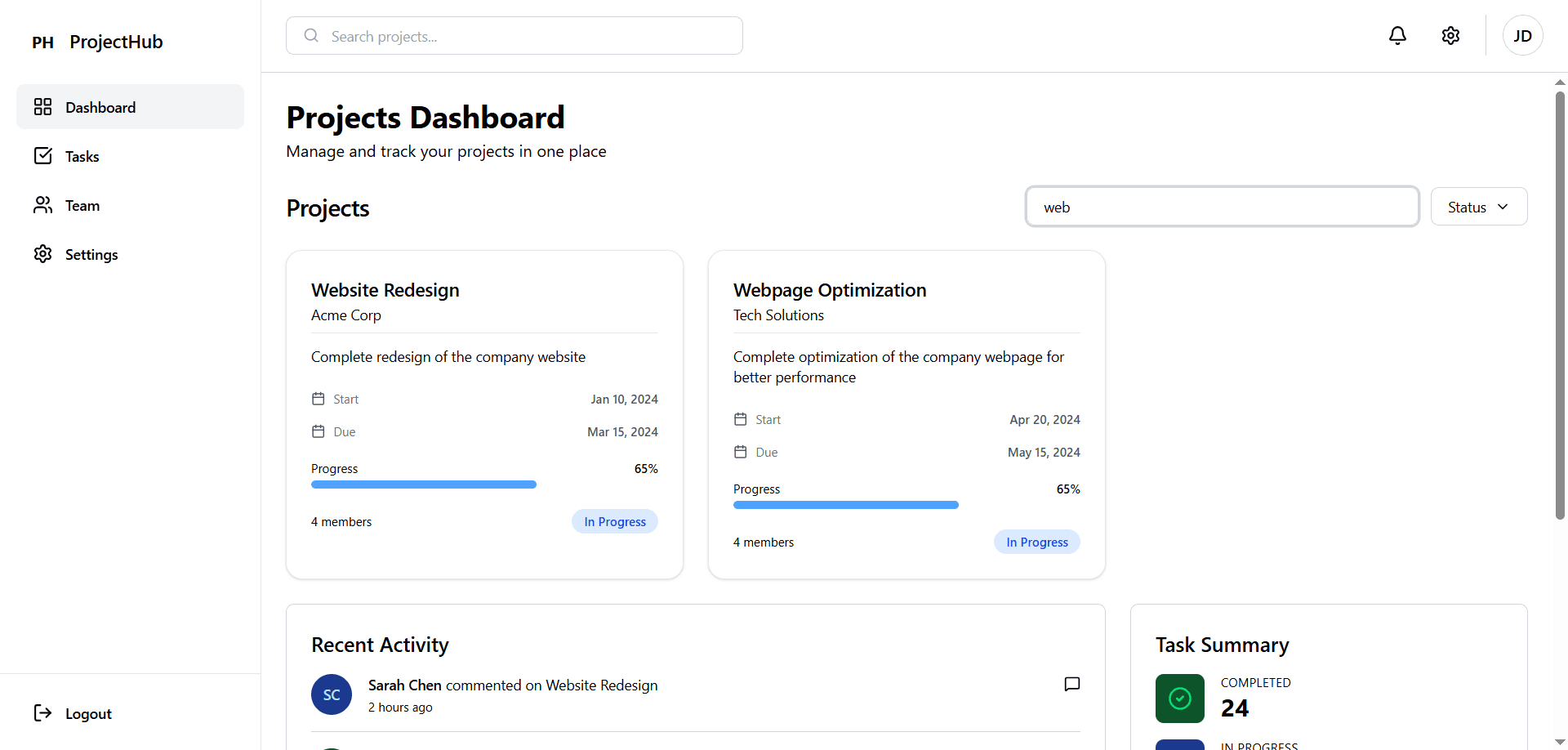 ProjectHub - all-in-one product dashboard screenshot 1