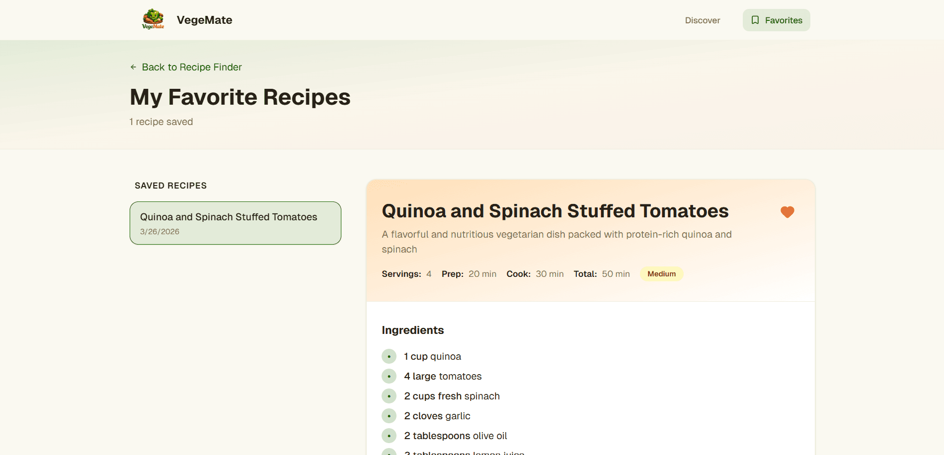 Vegemate - smart vegetable recipe finder with dietary requirements screenshot 2